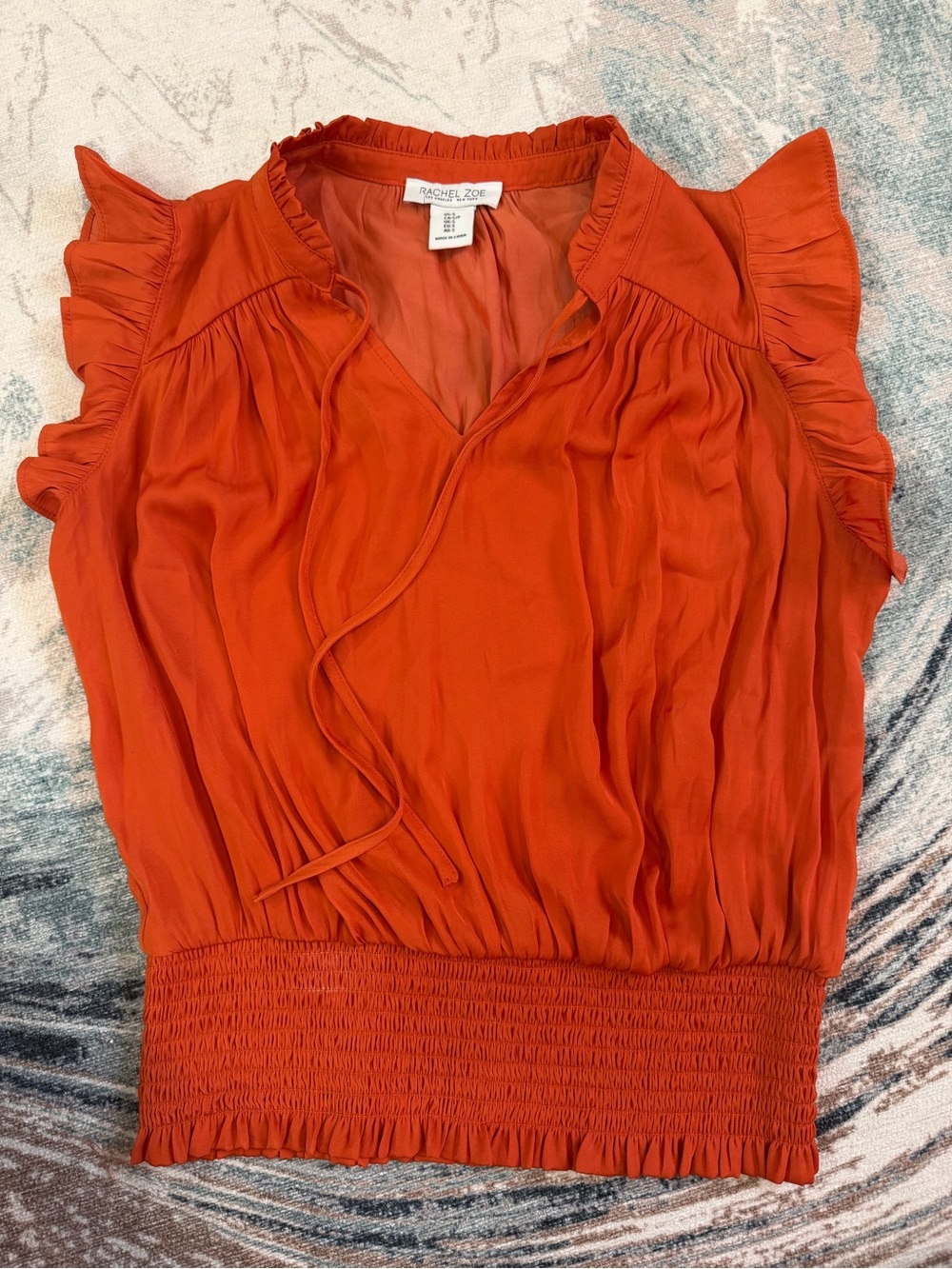 Rachel Zoe Vibrant Orange Ruffle Tie-Neck Smocked Hem Blouse